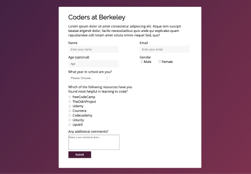 Screenshot of survey form project